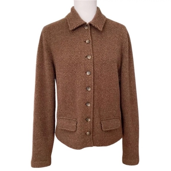 Ralph Lauren Herringbone Cashmere Blazer Jacket Brown Button Front Size XL - Picture 1 of 9